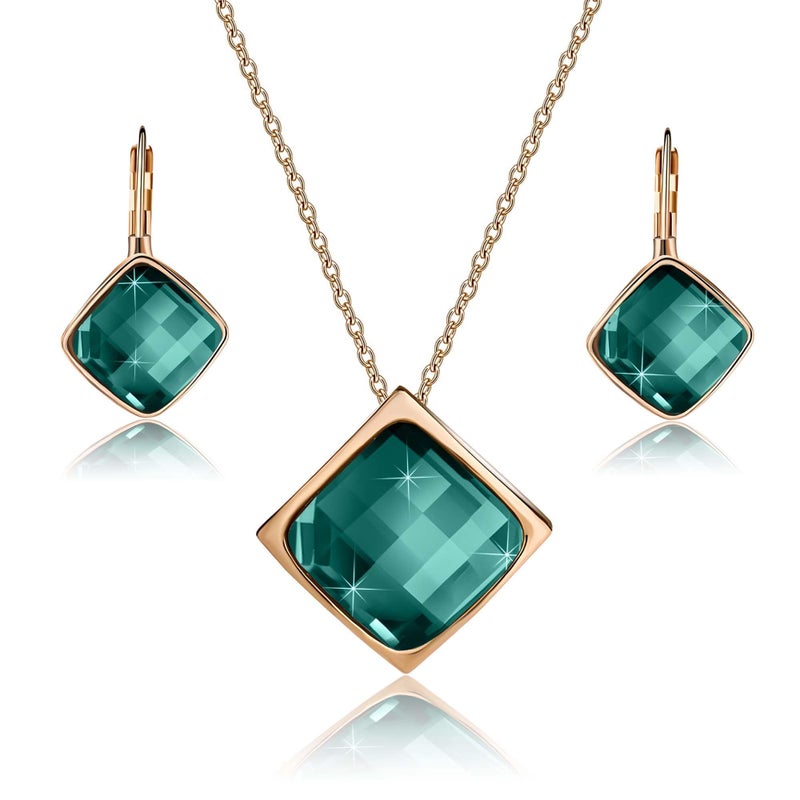 EVEVIC Square Austrian Crystal Necklace Earrings Set for Women 18K Gold Plated Jewelry Set (Teal Green) - Image 1